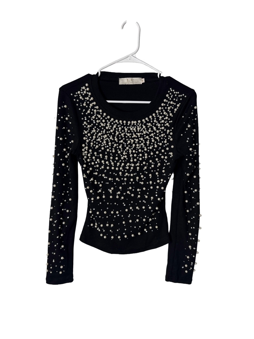LIZETTE COLLECTION Women’s Glam Black Ribbed Pearl Gemstones Long-Sleeve Blouse